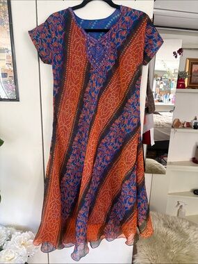 Flowy Orange and Blue Printed Women's Dress